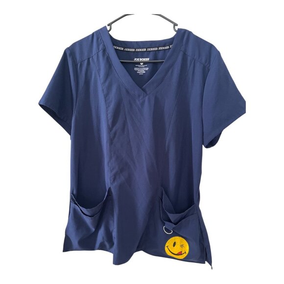 Joe Boxer Women’s L Navy Blue Scrub Top with Smiley Face Patch - Picture 1 of 4